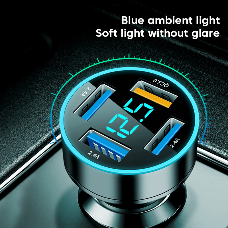 4-Port 66W USB Autoladegerät mat digitalem Display Schnellladegerät fir iPhone, Xiaomi, Samsung Telefonen_voghion.com