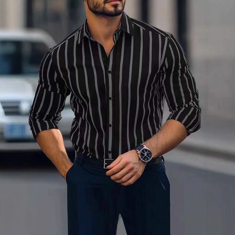 Camicia da uomo con risvolto sottile, stampa a righe, casual, elasticizzata su quattro lati, a maniche lunghe_voghion.com