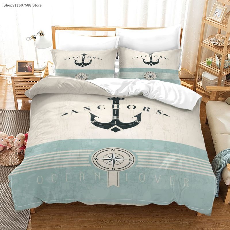 Anker und weiße Streifen 3D gedruckt Marineblau Quilt dreiteiliges Bettwäsche-Set individuell_voghion.com