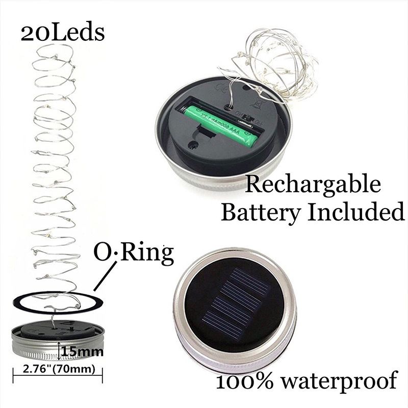Cordão Solar Mason com 10, 20 e 30 luzes, tampa de vidro, luz LED_voghion.com