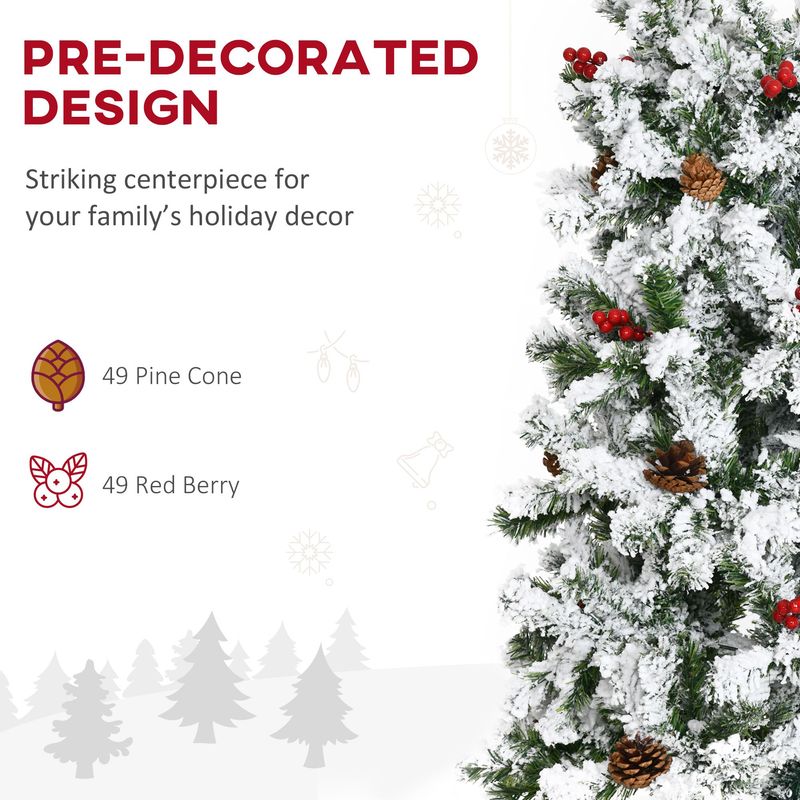 9 Foot Pencil Snow Flocked Artificial Christmas Tree With Pine Realistic Branches, Pine Cones, Red Berries, Auto Open, Green_voghion.com