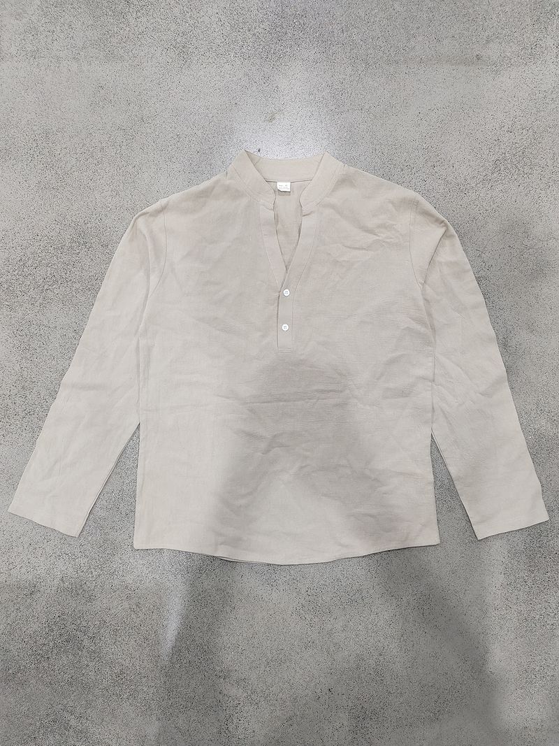 Maglietta a maniche lunghe con scollo a V in lino traspirante per uomo - Vestibilità rilassata, comfort casual, essenziale per l'estate_voghion.com