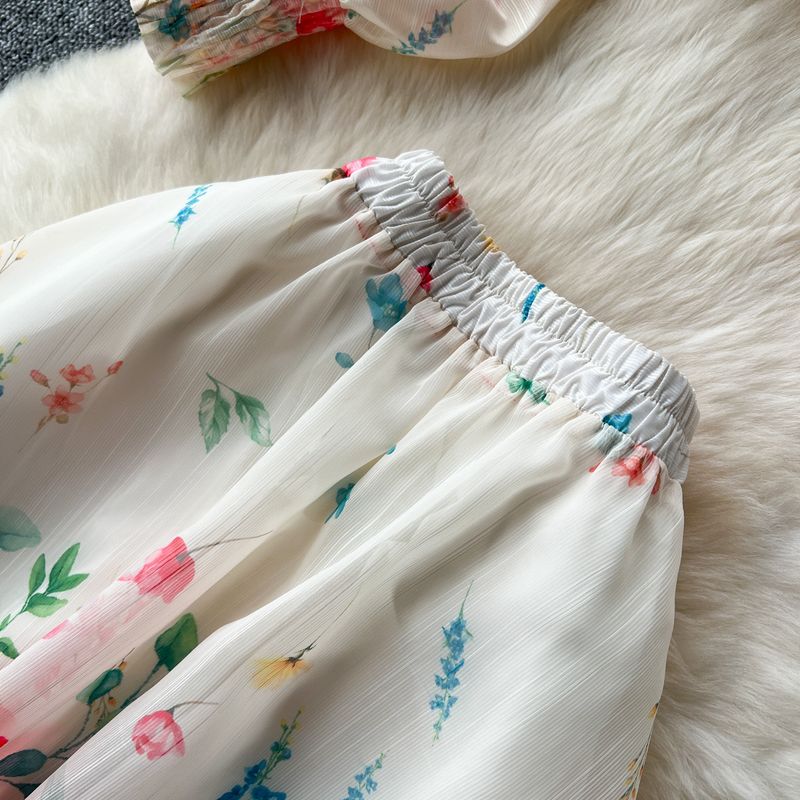 Women's clothing women's two-piece suit, ladylike temperament, lantern sleeve button-down slim-fitting top, high waist printed mesh skirt_voghion.com
