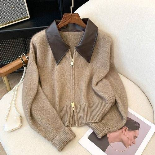 Damenbekleidung Herbst und Winter Neue Fat Mm Retro Reißverschluss Pullover Strickjacke Damen Schlanke Hose mit weitem Bein Bedecken Fleischanzug_voghion.com