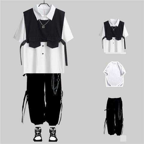 Herrenbekleidung Dunkle funktionelle Arbeitskleidung Herren Sommer lockeres Hemd Hip Hop Kurzarmhemd Set mit Weste Anzug_voghion.com