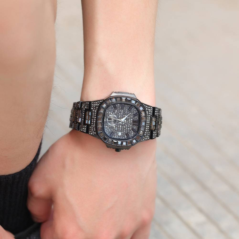 Relógio masculino RebelEdge Punk Square Diamond - Relógio de quartzo com moldura de diamante e caixa de aço inoxidável_voghion.com