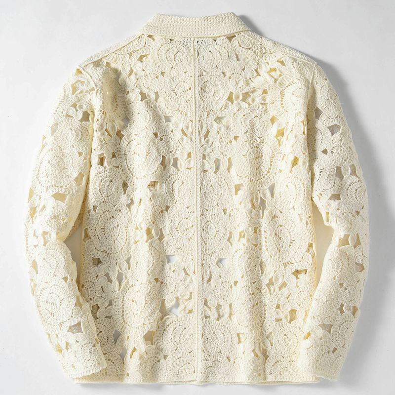 Polo da uomo a maglia aperta - Cardigan a maniche lunghe con ricamo idrosolubile alla moda (M-3XL, beige)_voghion.com