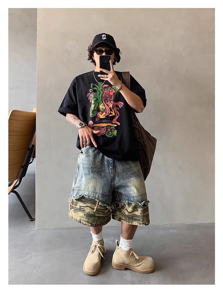 Pantaloncini in denim strappati da uomo, stile retrò, larghi e versatili, da strada_voghion.com