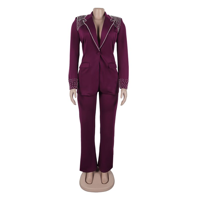 Traje de dos piezas ajustado de manga larga con perlas para mujer_voghion.com