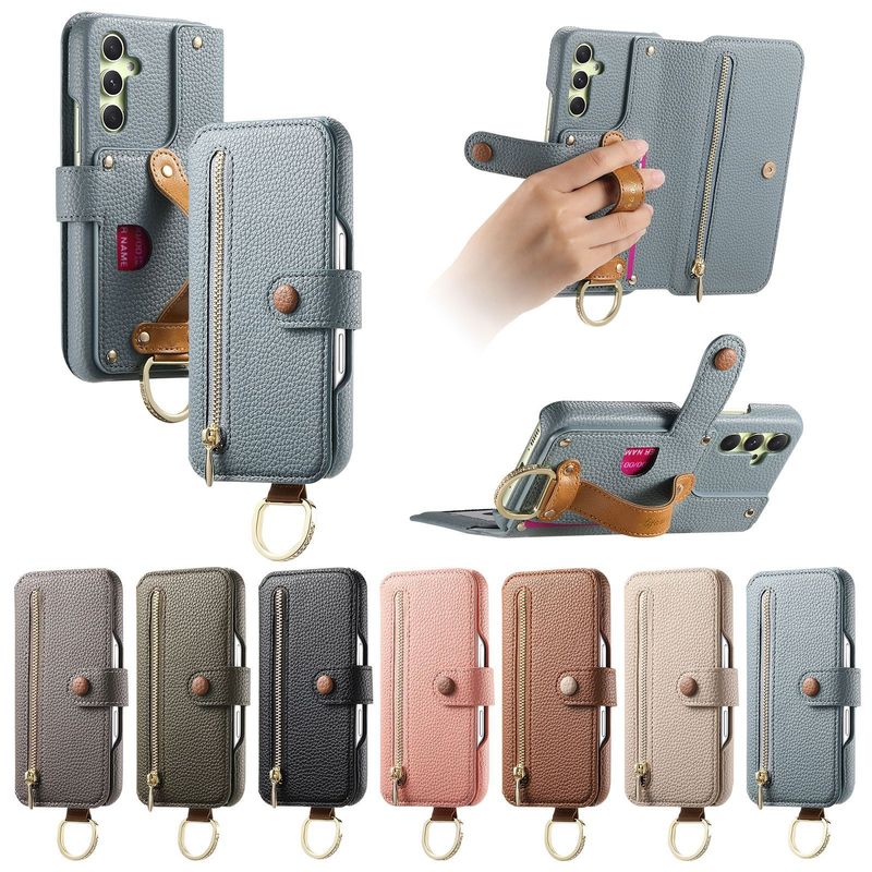 TechGlobe Compatible With Samsung A56 Lychee Pattern Flip Leather S25 Multi-Card Slot A35 Metal Wrist Strap Ring Holder A17 Phone_voghion.com