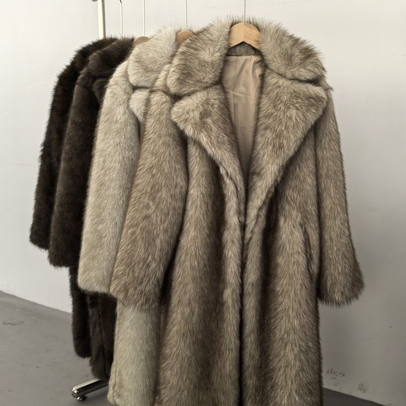 Damenbekleidung Hochwertiger Kunstpelz Umweltfreundlicher Damen Langer Kunstpelzmantel - Elegante Jacke Reverstaschen Individualisierbar_voghion.com