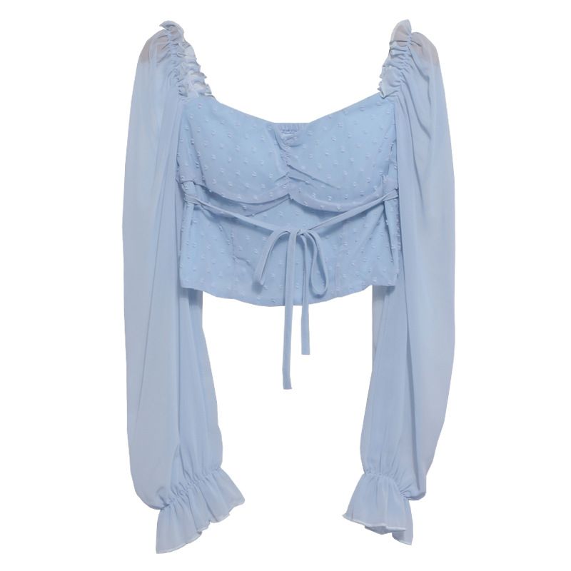 Blusa corta con cuello cuadrado y hombros descubiertos, primavera 2023, nueva blusa de manga larga con cuello halter y lazo para mujer 8876_voghion.com