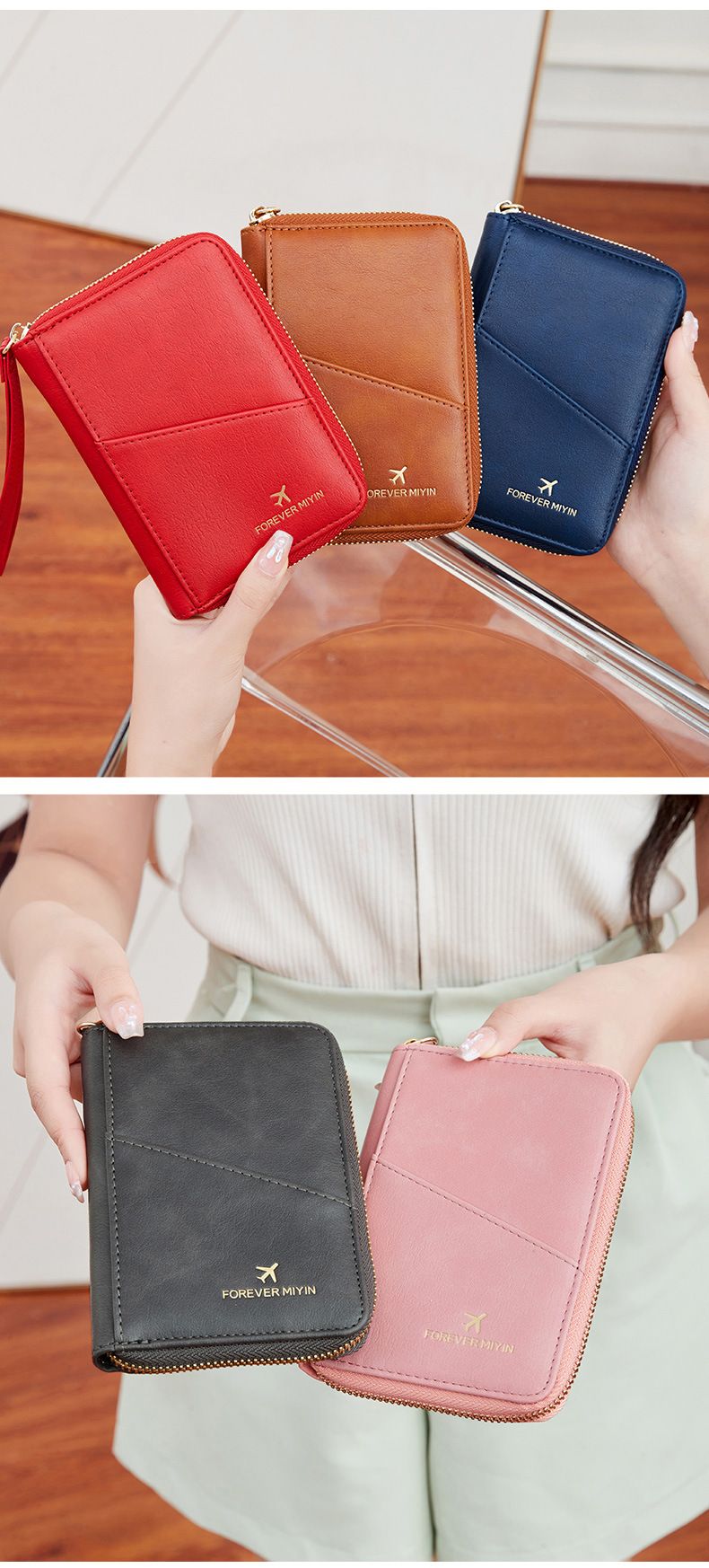 Portafoglio portapassaporto da viaggio con blocco RFID - Organizer per documenti sottile e sicuro con scomparto con cerniera, stile corto, borsa portadocumenti per biglietti aerei_voghion.com