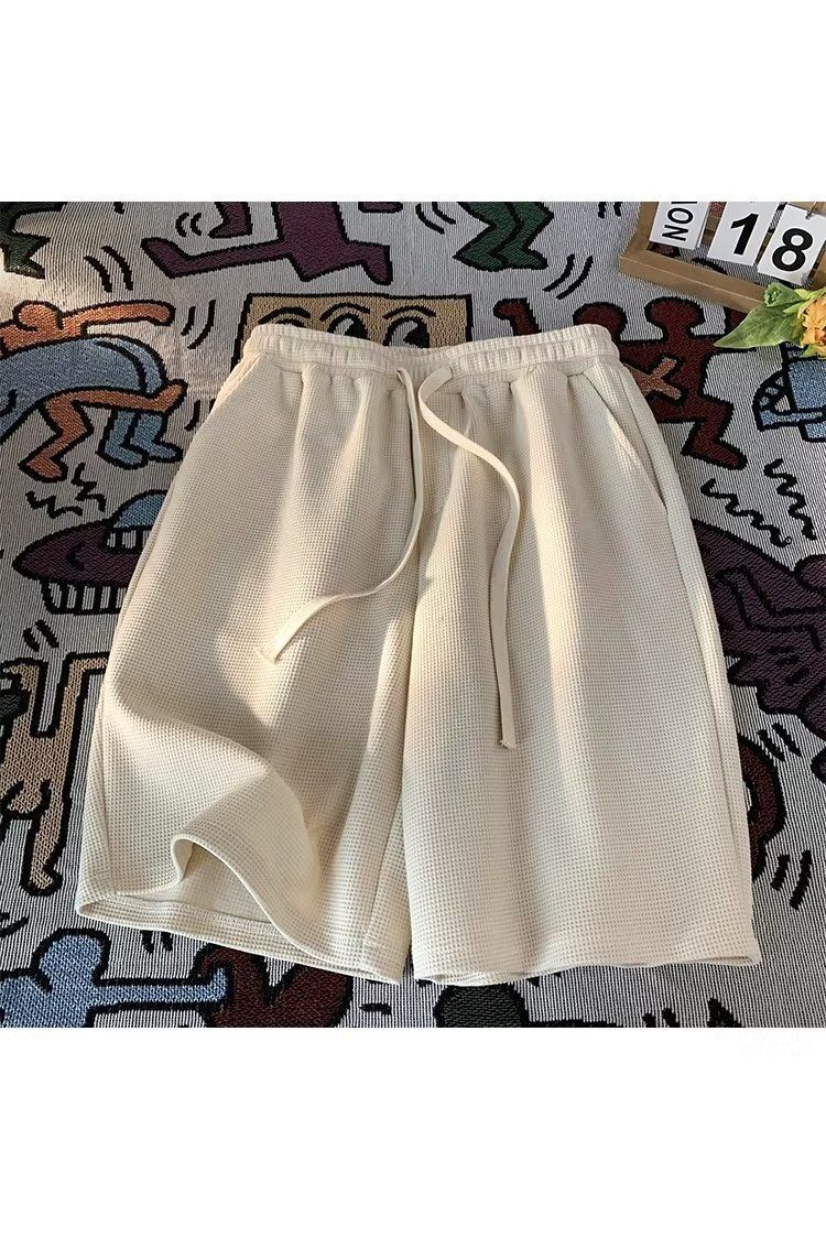 Khaki Waffle For Men's Summer Slim American Loose Casual Sports Pants, Trendy Brand Five Point Shorts_voghion.com