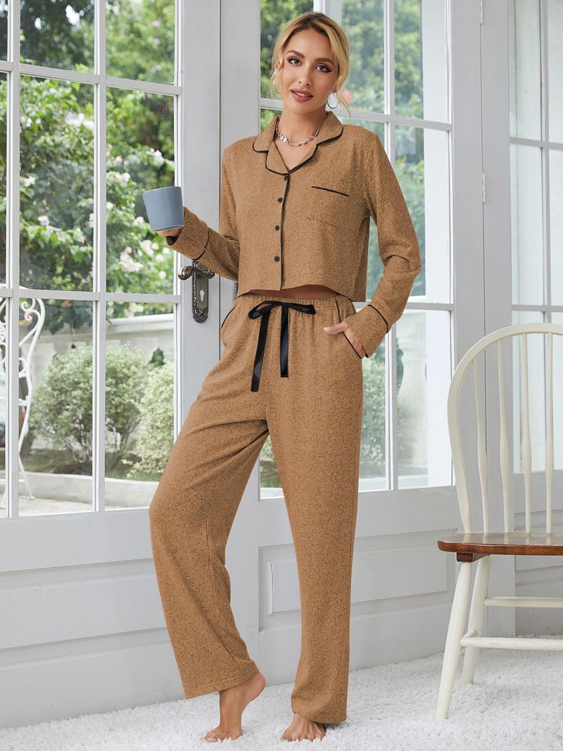 Damen Pyjama Herbst und Winter Verdickte Ärmel Strickjacke Lange Hose Zweiteiliges Set Home Kleidung_voghion.com