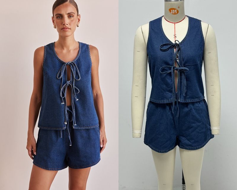 Women's Clothing Summer Fashion Casual Sleeveless Lace Up High Waist Women's Vest Denim Suit Shorts Women_voghion.com