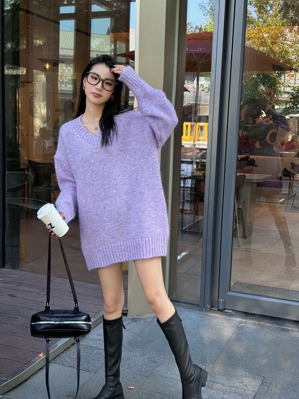 Maglione pullover di media lunghezza con scollo a V, semplice e di alta qualità, in stile coreano, per donna, alla moda, ampio, pigro, versatile_voghion.com