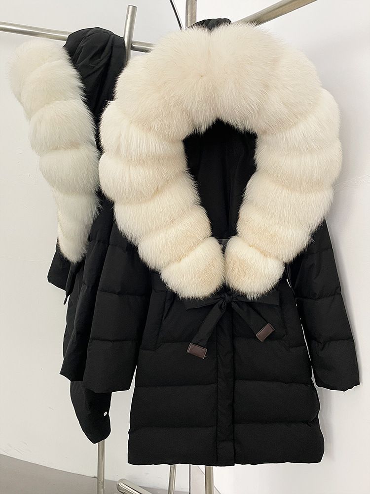 Women's Long Fox Fur Trim Down Coat With Belted Waist, Knee-Length Thick Winter Jacket_voghion.com