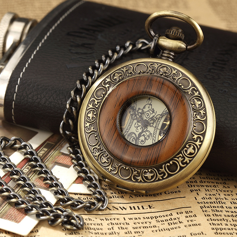 New High-End Stainless Steel Interwood Flip Cover Silent Mechanical Pocket Watch_voghion.com