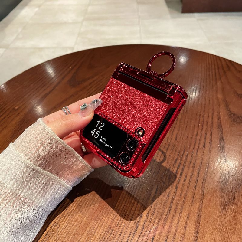 Per Samsung Galaxy Z Flip 4 5 5G Custodia per telefono con supporto per pietra di diamante placcata in oro con glitter di lusso_voghion.com