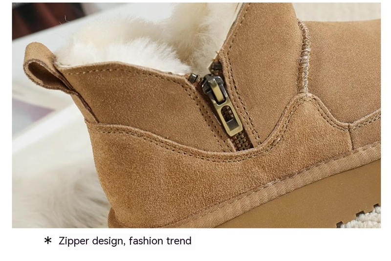 Nordeste com sola grossa de neve com zíper para botas curtas femininas com pele integrada, pelúcia de lã e espessada_voghion.com