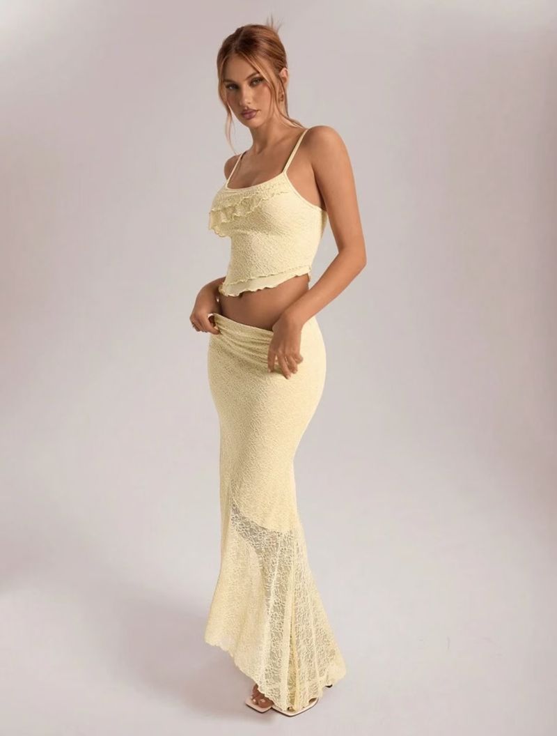 2025 Summer New Women's Light Yellow Lace Camisole Set | Ruffled Short Top + Sheer Mermaid Long_voghion.com
