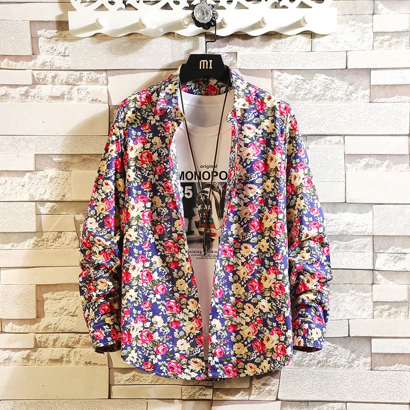 Spring And Autumn New Men's Printed Long Sleeve Floral Shirt_voghion.com