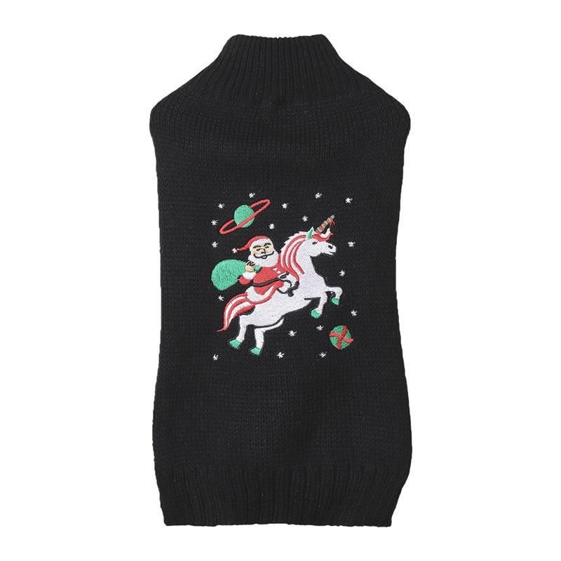 Welpenpullover, mittelhoher Kragen, bestickter Schneemann, Weihnachtsmann, Rentier-Druck, einfarbig, gestrickt, hochelastisch_voghion.com