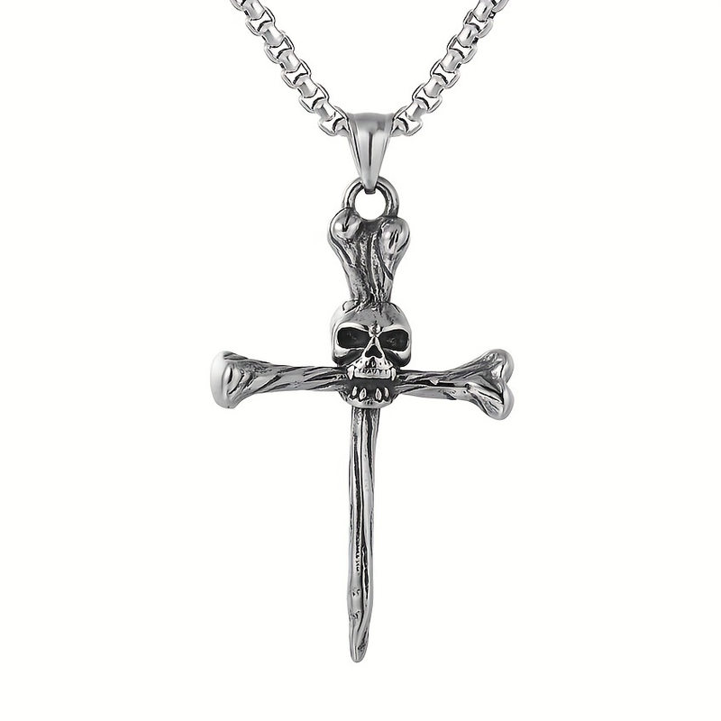1pc Gothic Skull Cross Pendant Fashion Punk Style Chain Necklace Men Jewelry Halloween Gifts_voghion.com