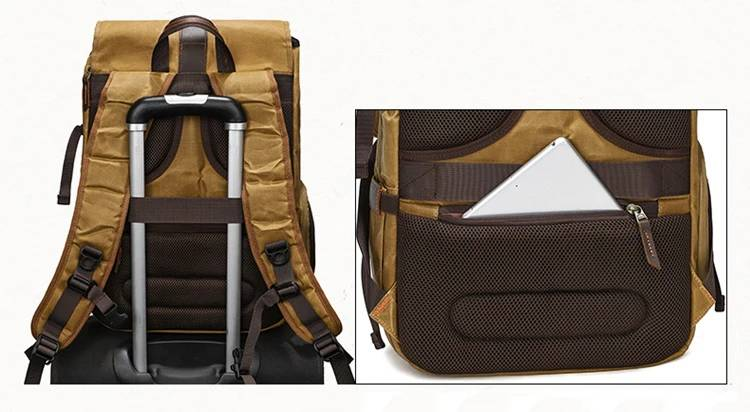 Mochila vintage de gran capacidad para cámara, de lona encerada, resistente al agua, con compartimento para portátil de 15,6" y soporte para trípode_voghion.com