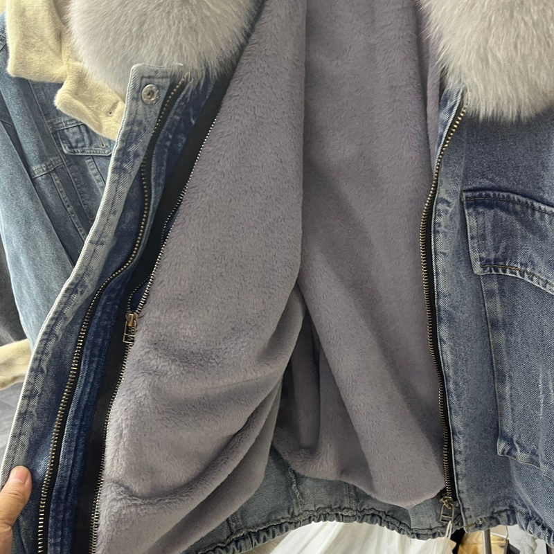 Damenbekleidung: Neue Winterjacke aus Pelz und verdicktem Samt mit abnehmbarem Futter aus Jeansstoff für Damen_voghion.com