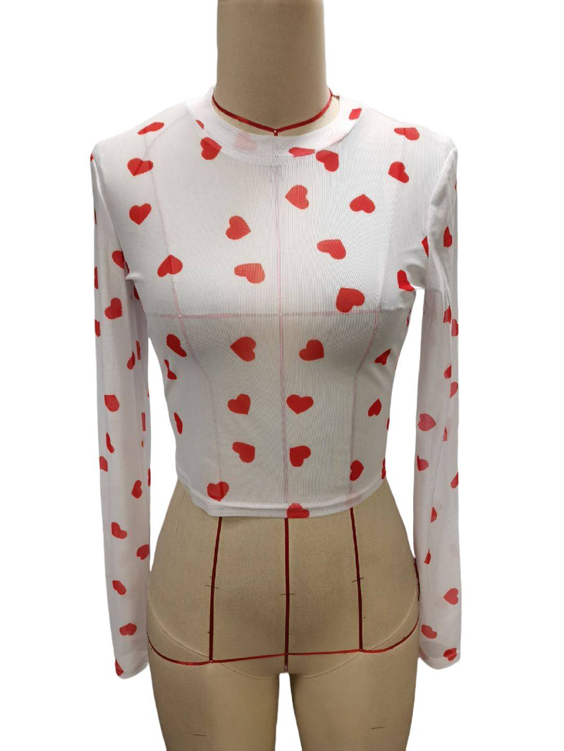 T-shirt à manches longues et col rond en forme de cœur imprimé en maille pour femme AUGSHOP_voghion.com