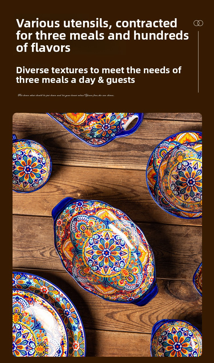 Bohemian Ceramic Dinnerware Set - Underglaze Hand-Painted Bowls & Plates With Handles Vintage Style For Home & Restaurant_voghion.com