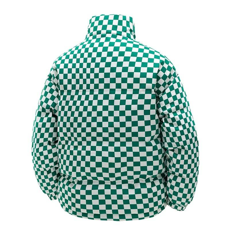 Unisex Winter Padded Coat With Stand Collar - Loose Fit Plaid Jacket For Men & Women (Green/Black)_voghion.com