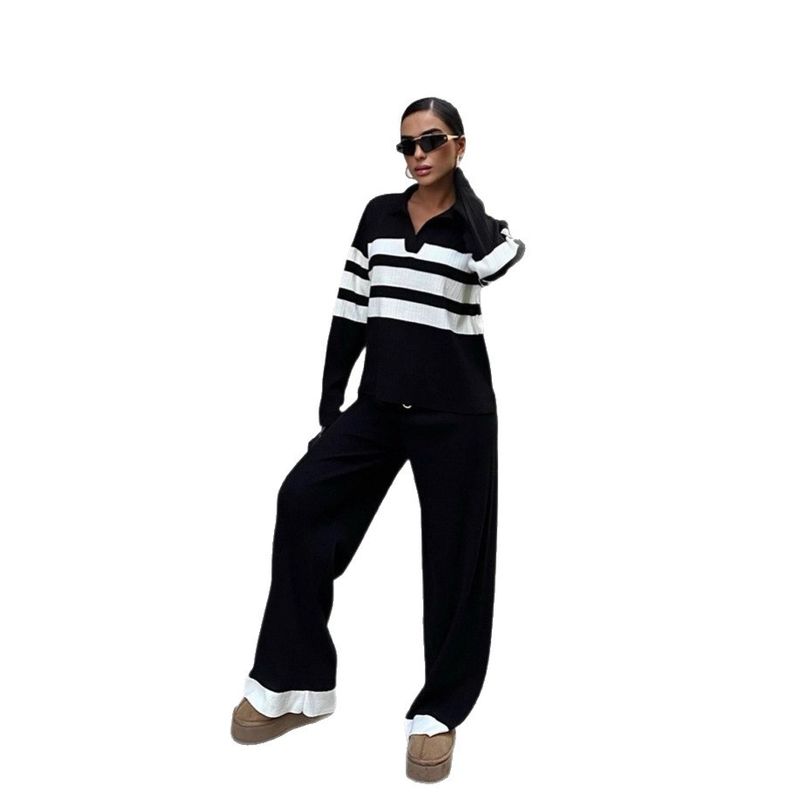Elegantes zweiteiliges Strickset – Gestreifte Hose mit weitem Bein und Oberteil für Damen, bequemes Freizeitoutfit für Herbst/Winter_voghion.com