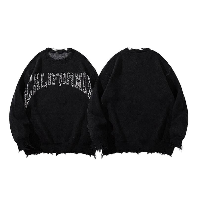 Distressed Letter Print Sweater – Oversized Unisex Pullover For Men & Women (Black, S/M/L/XL)_voghion.com