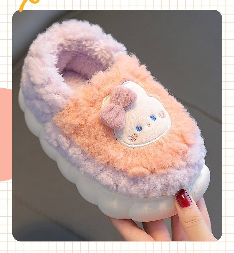 Kinder-Plüsch-Samt-Hausschuhe mit Absatz – gemütliche & rutschfeste Winter-Hausschuhe (Bären-/Kaninchen-Design, EU 24-41, Wassermelonenrot/Grau/Himmelblau/Kaffee)_voghion.com