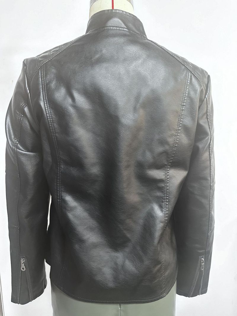 Giacca in pelle da donna; giacca da motociclista attillata; cappotto sottile; giacca in pelle con collo alto di taglia comoda._voghion.com