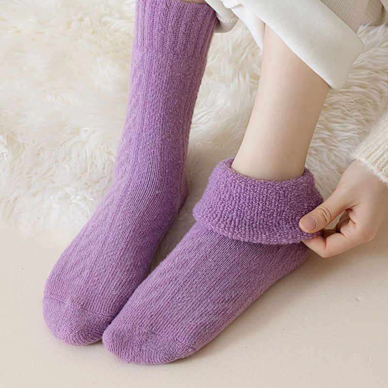 Women's mid tube socks autumn and winter thick terry socks purple warm socks versatile sweat absorbent and deodorant student mid tube socks_voghion.com