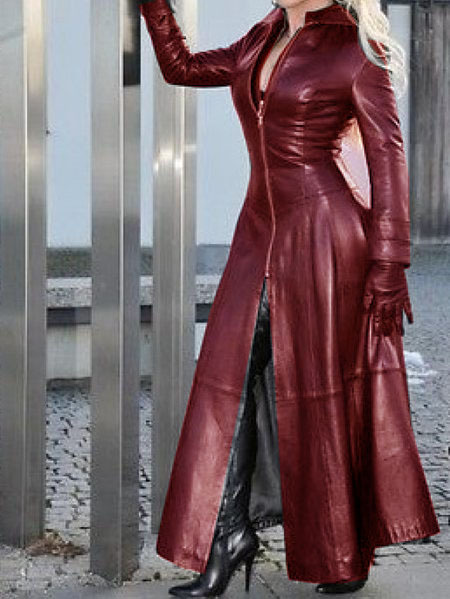2021 new style Super Long Pu Solid Color Slim Zipper Collar Leather Jacket Women's Fashion Stand Collar Leather_voghion.com