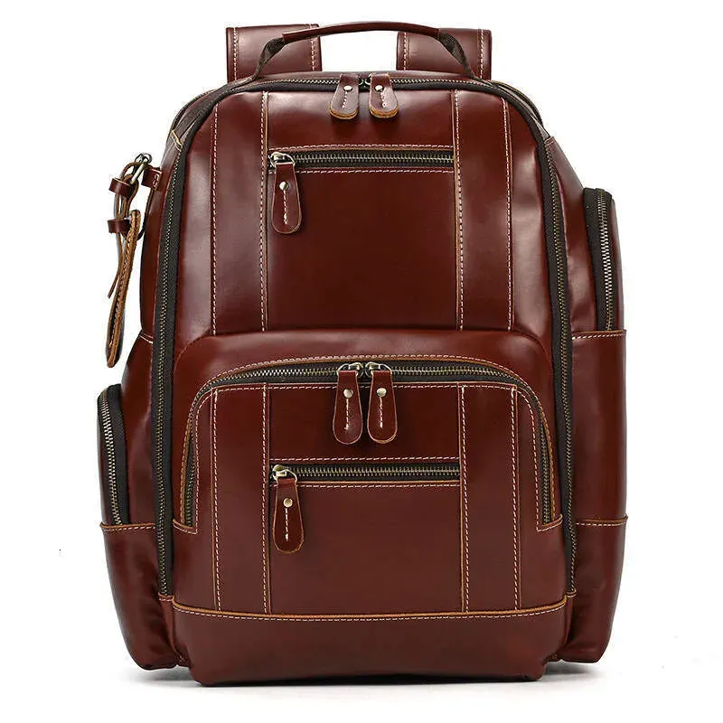 Men's Genuine Crazy Horse Leather Large Capacity Multi-Pocket Travel Backpack Cowhide School Bag_voghion.com
