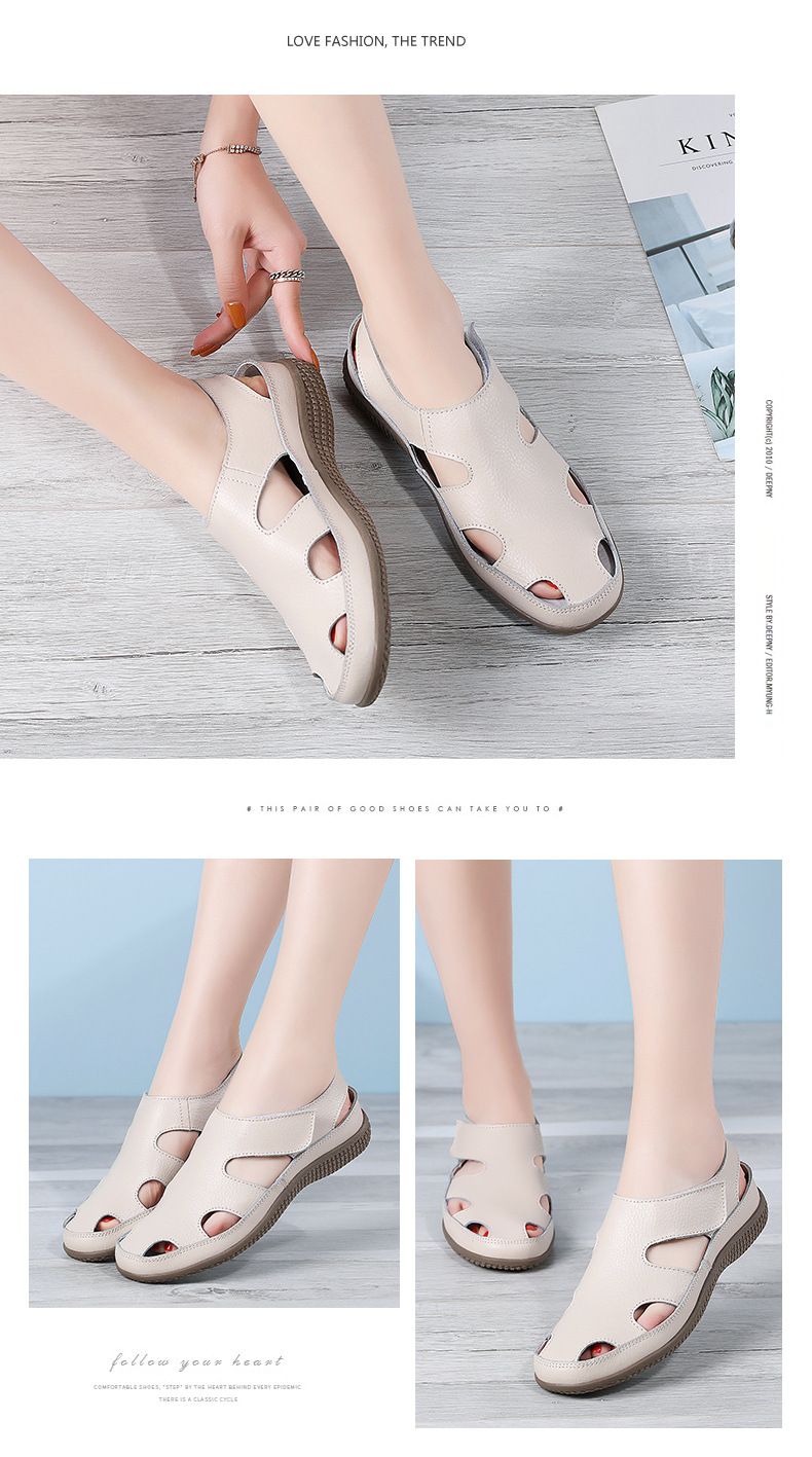 Sandalias de verano de piel auténtica para mujer, cómodas, con punta redonda y suela blanda hueca para mujer_voghion.com