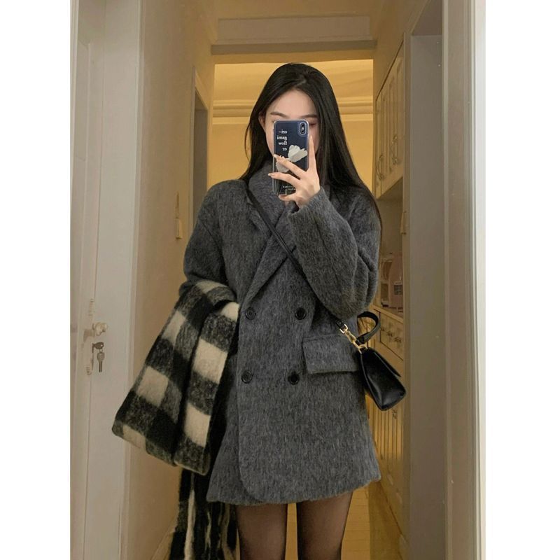 Casaco feminino de tweed com mistura de lã – Blazer oversized de abotoamento simples com lapela entalhada clássica (cinza, comprimento adequado para tamanhos pequenos)_voghion.com