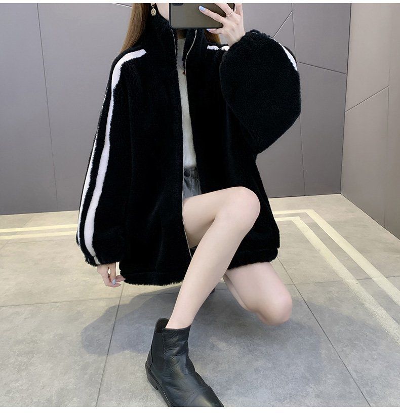 "Faux Shearling Bomber Jacket – Plush Fleece-Lined Winter Coat With Stand Collar (Black/White/Pink, S-3XL)"_voghion.com