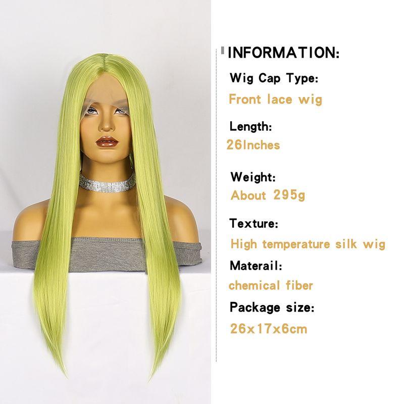 Synthetische Clip-in-Perücken, modische Perücken, vordere Spitze, synthetische Faser, Kopfbedeckung, grün, langes glattes Haar, Hochtemperatur-Drahtfleck_voghion.com