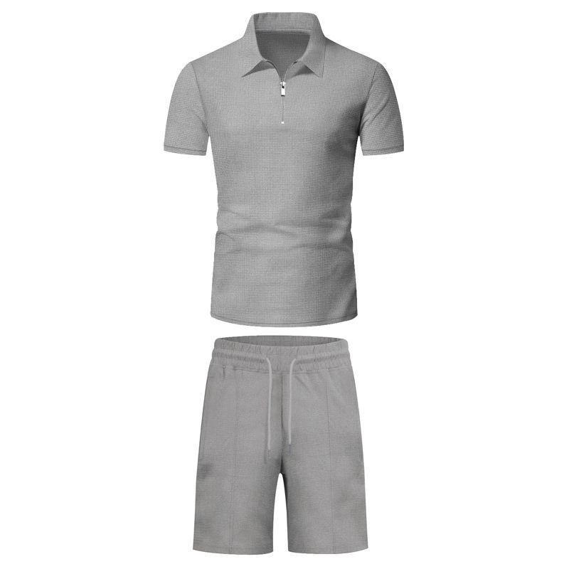 Herreklær Kortermede Shorts Fritidsdress Sommer Vaffel Ensfarget Fritids T-skjorte med Løst Slag Herre_voghion.com