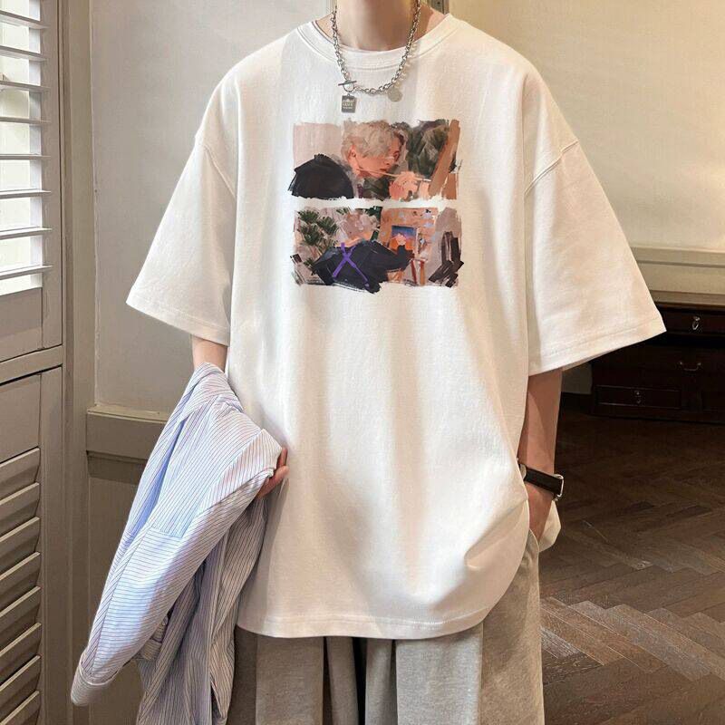 Unbeatable Quality Summer Trend Ins Printed Short T-shirt For Men, Loose Fitting Harajuku BF, Versatile Five Quarter Sleeve Couple Round_voghion.com