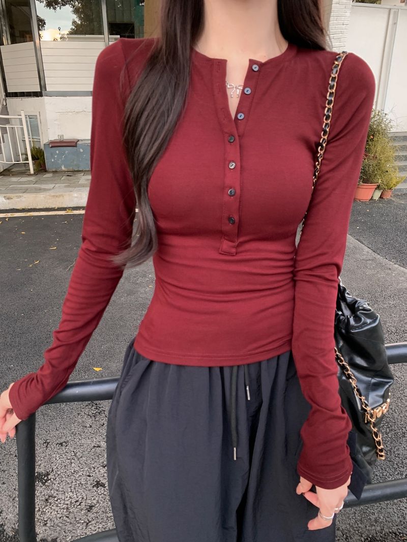 514 # 40 count reng Kotteng (92 Kotteng/8 Spandex) 2024 Hierscht Laangärm T-Shirt Damen mat Knäppercherkragen_voghion.com