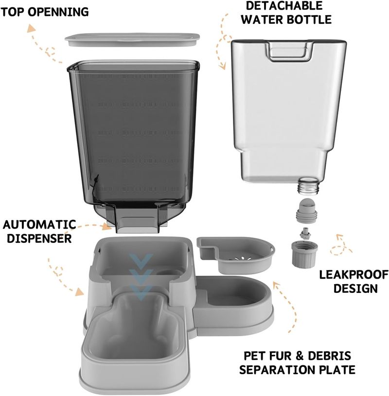 Katzenfutterspender, 2-en-1 Abnehmbarer Schwerkraft-Futter- Und Wasserspender Für Katzen Und Kleine Hunde (Grau)_voghion.com