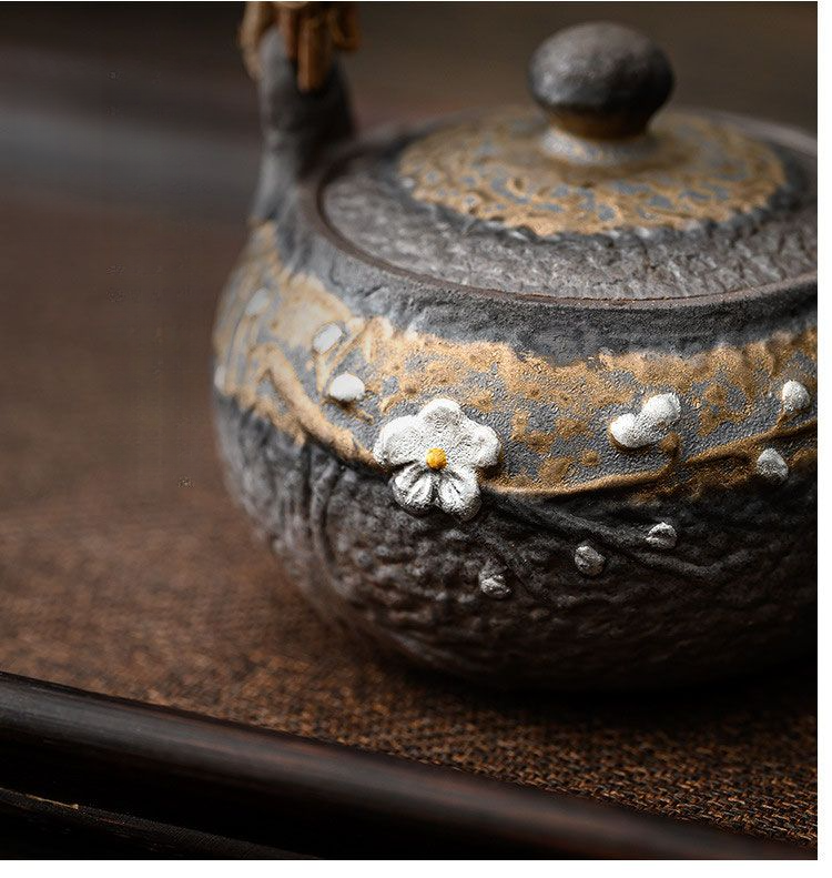 Théière japonaise en poterie grossière avec anse, grande théière simple en argile décorée d'argent, style Kung Fu_voghion.com